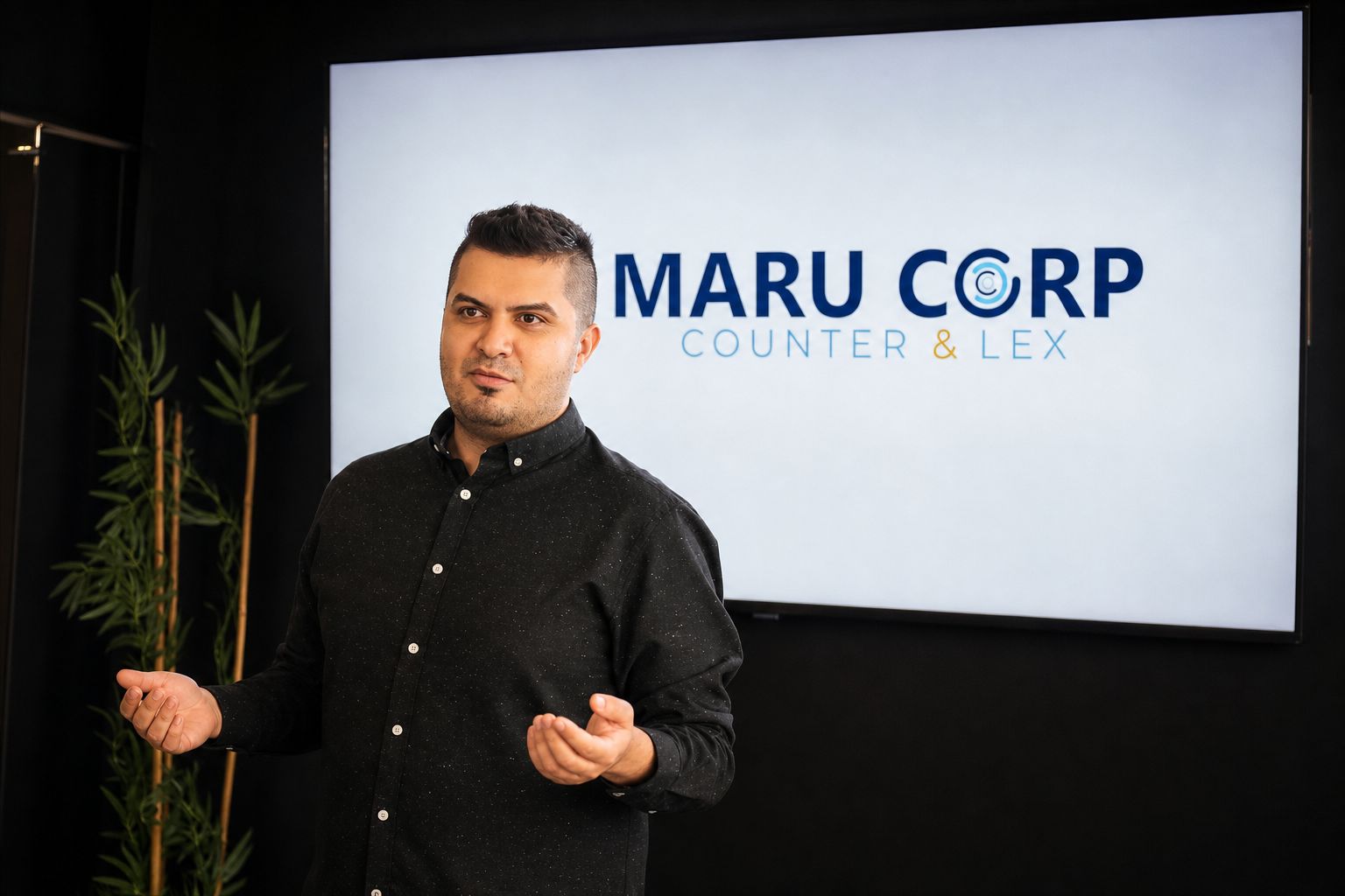 Asesor de MARU CORP presentando en sala de juntas